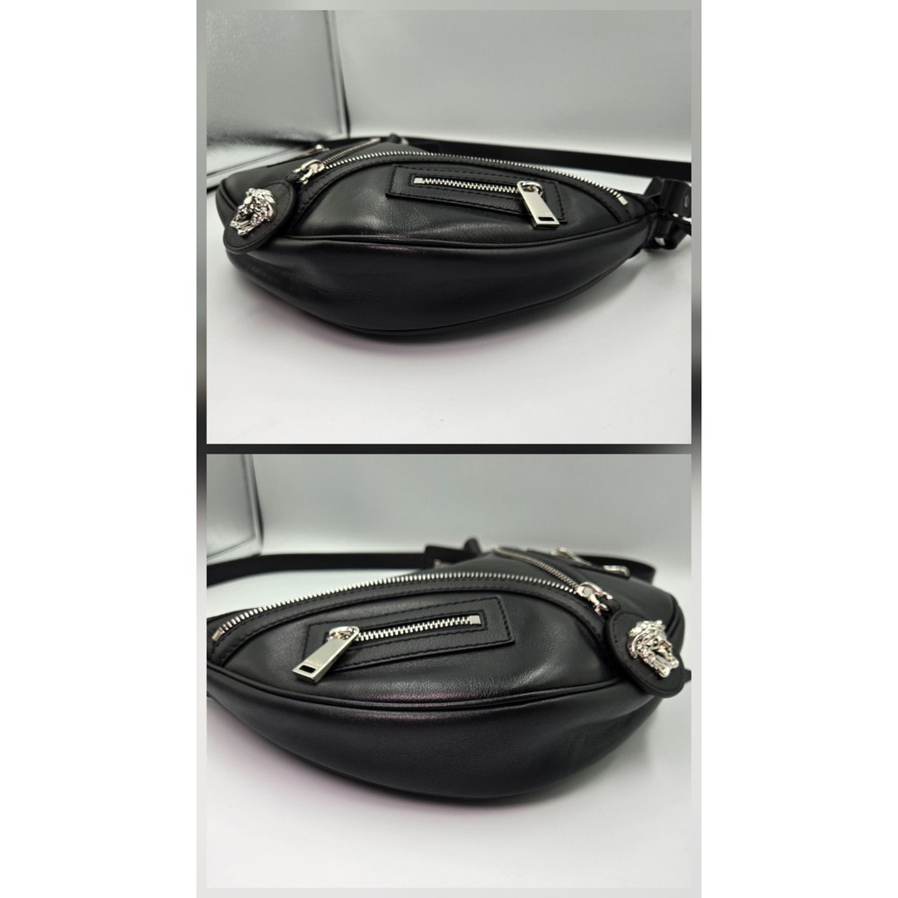 NWT Versace Repeat Small Hobo Bag Black Leather Medusa Biker Zipper - Picture 6 of 10